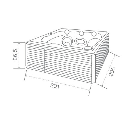 Technický nákres privátní vířivky USSPA Aston rozměry 195 x 199 x 79 cm | © USSPA